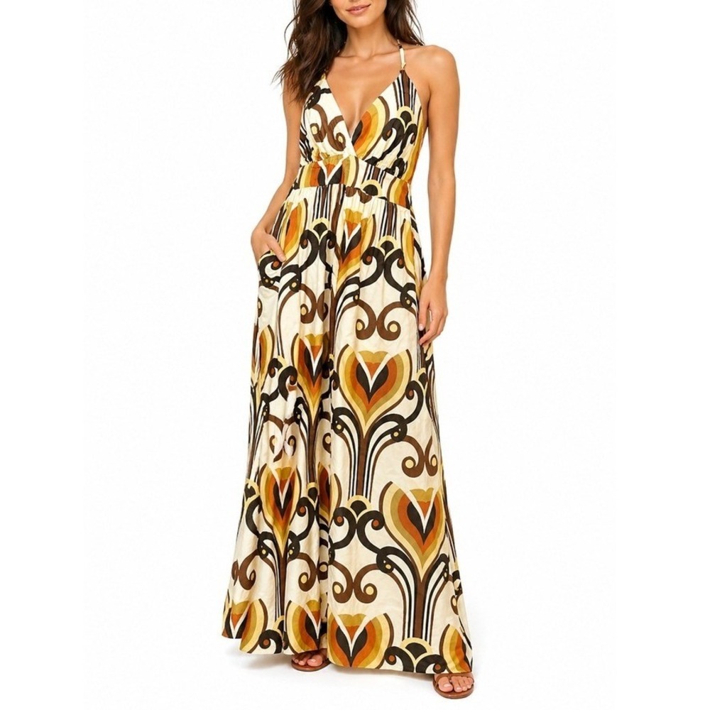 Eyeshadow Retro 70s Geometric Print Halter Maxi Dress Brown Mustard Cotton 16